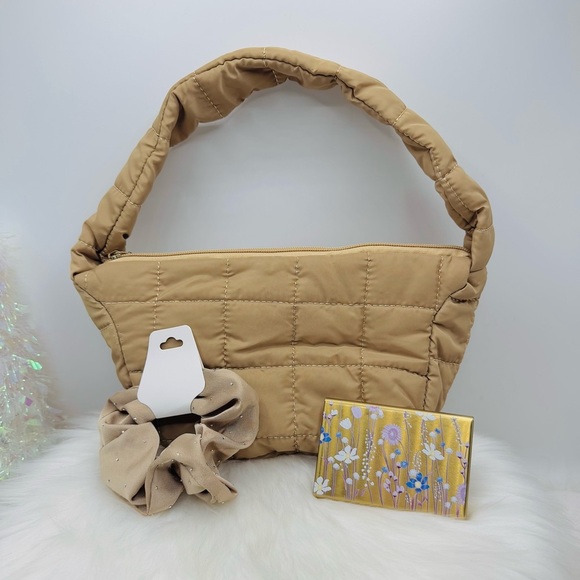 Puffer Quilted Nylon Material Hand Bag in tan with card case wallet Bundle - Picture 1 of 10
